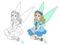 Cartoon pretty fairy with curly blonde hair and blue wings. Sitting pose. Flower wreath. Isolated on white. Vector illustration