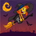 Cartoon pretty funny witch flying on her broom. Halloween vector illustration isolated Royalty Free Stock Photo