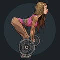 Cartoon girl athlete doing deadlift exercise with barbell