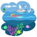 Cartoon pretty girl swimming in blue ocean Royalty Free Stock Photo