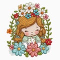 Cartoon pretty little girl with colorful flowers. Textured tapestry floral background illustration. Beautiful embroidery cute