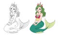 Cartoon pretty mermaid with curly green hair and fish tail