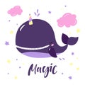 Cartoon pretty unicorn whale with lettering Magic