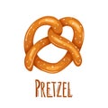 Cartoon pretzel with sprinkling and lettering. German appetizer. Treats for the holidays. Bakery product. Vector object