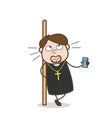 Cartoon Priest Showing Music Player Vector