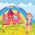 Cartoon princess and fairytale castle with landscape vector illustration Royalty Free Stock Photo