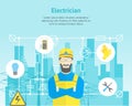 Cartoon Professional Electrician Worker Man and Electric Service Card Poster. Vector