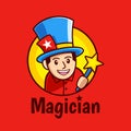 Cartoon Magician holding magic star wand logo design