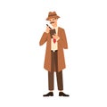 Cartoon professional man detective with mustache making notes vector flat illustration. Secret man agent in coat holding Royalty Free Stock Photo