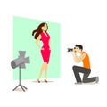 Cartoon Professional Photographer and Fashion Model in Studio. Vector