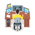 Cartoon Programmer Writes Code Workspace Concept. Vector