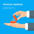Cartoon Proposal Marriage Concept Human Hands Holding Ring Card Poster. Vector Royalty Free Stock Photo