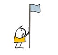 Cartoon proud, happy child raises a flag on a flagpole. Vector illustration of tradition and stickman.