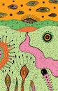 Cartoon psychedelic landscape - colorful hippie art. Fantastic graphic sketch artwork. Vector illustration