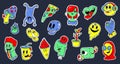 Cartoon psychedelic stickers, weird images. Groovy 70s 80s surreal neon colors elements. Unusual mushroom, trippy faces