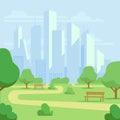 Cartoon public city park with skyscrapers cityscape vector illustration