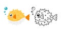 Cartoon pufferfish in color and outline version