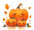 Cartoon pumpkins with funny smiling faces. Watercolor illustration for children\'s book. Generative AI