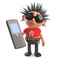 Cartoon punk rocker has an old cellphone, 3d illustration Royalty Free Stock Photo