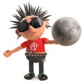 Cartoon punk rocker is intrigued by the Moon, 3d illustration