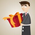 Cartoon puppet businessman holding gift box