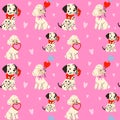 Cartoon puppies with flowers and hearts in a repeating pattern Royalty Free Stock Photo