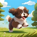 Cartoon puppy, fluffy, friendly, energetic, tongue-out, brown and white, running in a park with green trees and blue skies,