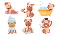 Cartoon Puppy Grooming Himself Taking Bath and Sitting with Facial Mask Vector Set