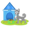 Cartoon puppy near a doghouse with a dog food