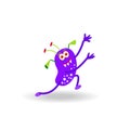 Cartoon purple cheerful running monster isolated on white