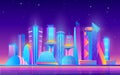 Cartoon purple future modern cityscape with town building skyscrapers and neon glow city lights, stars in sky, urban Royalty Free Stock Photo