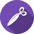 Cartoon purple icon white closed scissors. Scissors round icon flat design