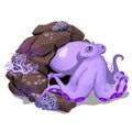 Cartoon purple octopus hiding in the rock grotto. Inhabitants of the seas and oceans isolated on white background