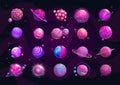 Cartoon purple planets set. Funny fantasy planet on cosmic background.