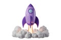 Cartoon Purple Rocket Launching with Clouds and Fire Royalty Free Stock Photo