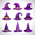 Cartoon purple witch hats, fantasy caps icons set. Wizard hat collection. Royalty Free Stock Photo