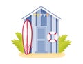 Cartoon purple wooden beach cabin with lifebuoy and surf. Vector