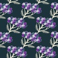 Cartoon purple yarrow seamless pattern in hand drawn style on dark navy blue background