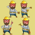 Cartoon puzzled worker in the helmet in various poses