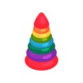Cartoon pyramid of colorful plastic rings. Toy for toddlers or preschool children. Educational game. Learning through