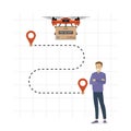 Cartoon Quadcopter with cargo,route on the map and waiting man