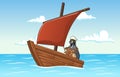 Cartoon quail steering a small wooden sail boat Royalty Free Stock Photo