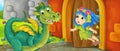 Cartoon queen and dragon near castle illustration Royalty Free Stock Photo