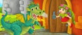 Cartoon queen and dragon near castle illustration Royalty Free Stock Photo