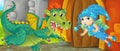 Cartoon queen and dragon near castle illustration Royalty Free Stock Photo