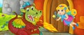 Cartoon queen and dragon near castle illustration Royalty Free Stock Photo