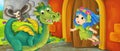 Cartoon queen and dragon near castle illustration Royalty Free Stock Photo