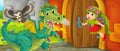 Cartoon queen and dragon near castle illustration Royalty Free Stock Photo