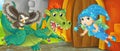 Cartoon queen and dragon near castle illustration Royalty Free Stock Photo