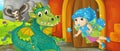 Cartoon queen and dragon near castle illustration Royalty Free Stock Photo